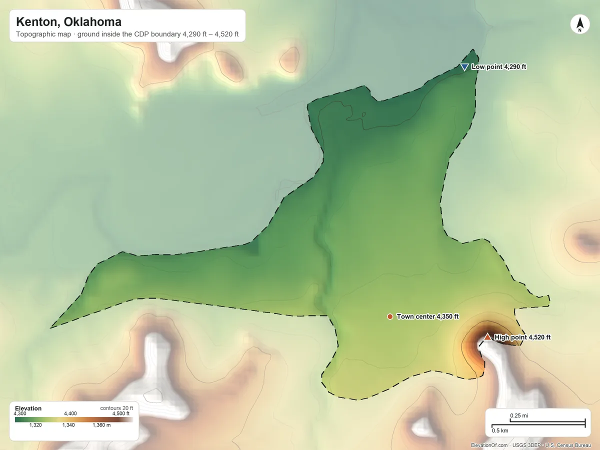 Topographic elevation map of Kenton, Oklahoma, shaded from 4,290 ft on the north side to 4,520 ft on the east side