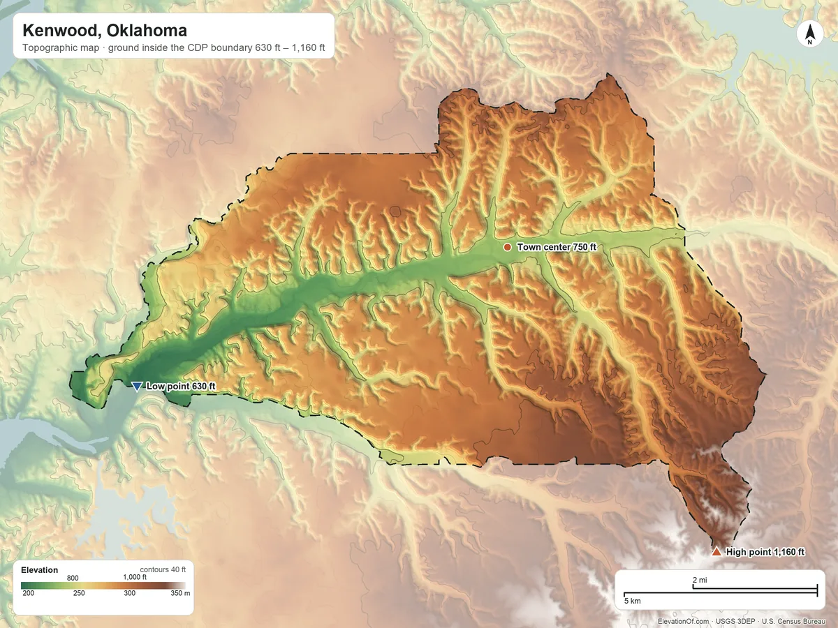 Topographic elevation map of Kenwood, Oklahoma, shaded from 630 ft on the west side to 1,160 ft on the southeast side