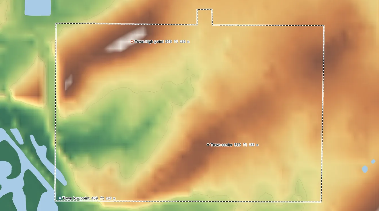 Topographic elevation map of Keota, Oklahoma, shaded from 460 ft on the west side to 520 ft on the northwest edge, below higher ground just outside
