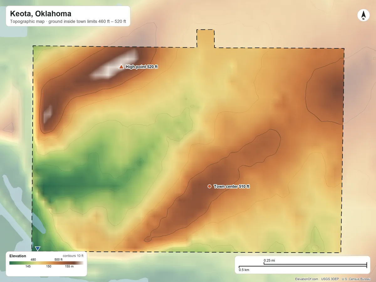 Topographic elevation map of Keota, Oklahoma, shaded from 460 ft on the west side to 520 ft on the northwest edge, below higher ground just outside