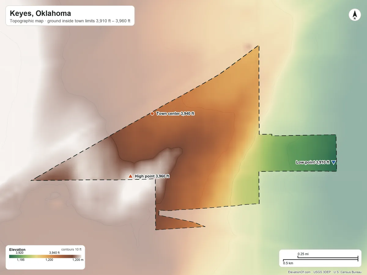 Topographic elevation map of Keyes, Oklahoma, shaded from 3,910 ft on the east side to 3,960 ft on the south side