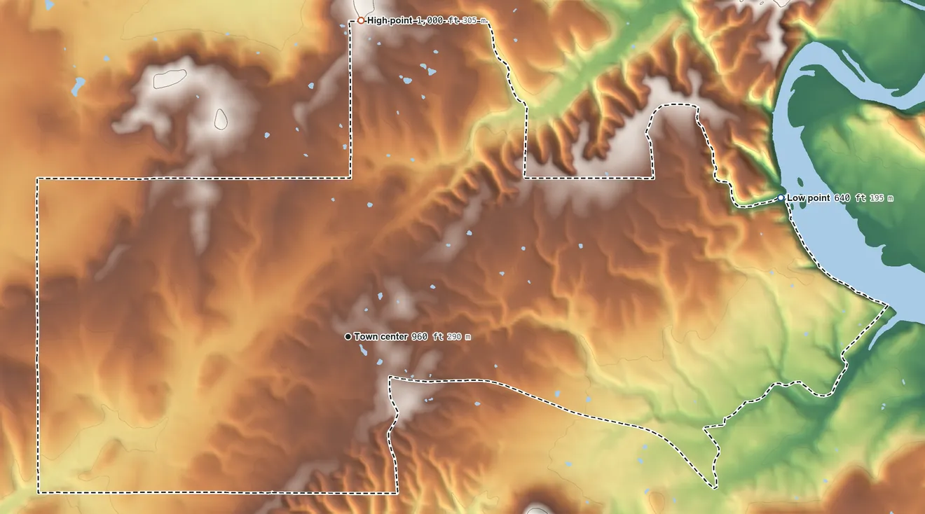 Topographic elevation map of Keys, Oklahoma, shaded from 640 ft on the east side to 1,000 ft on the north edge, below higher ground just outside