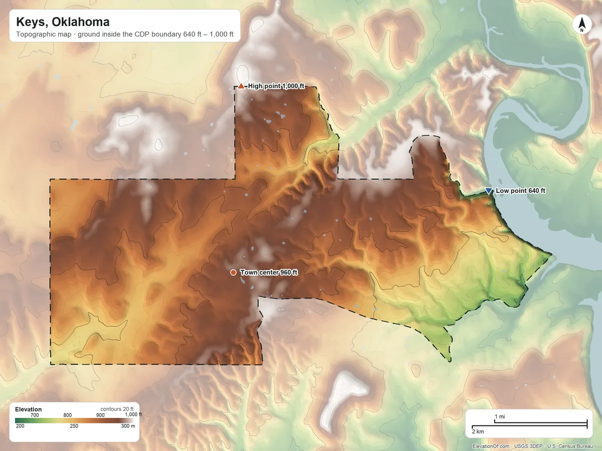 Topographic elevation map of Keys, Oklahoma, shaded from 640 ft on the east side to 1,000 ft on the north edge, below higher ground just outside