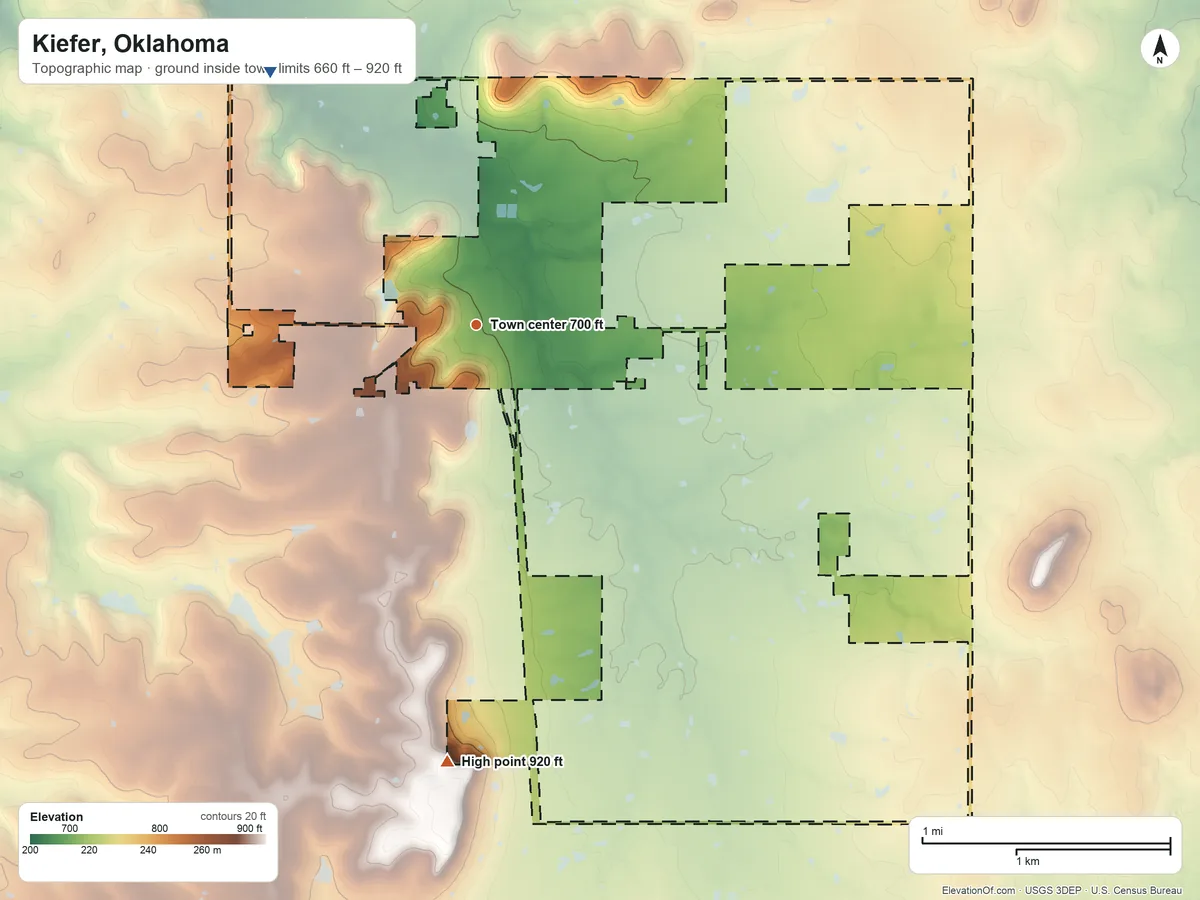 Topographic elevation map of Kiefer, Oklahoma, shaded from 660 ft on the northwest side to 920 ft on the south side