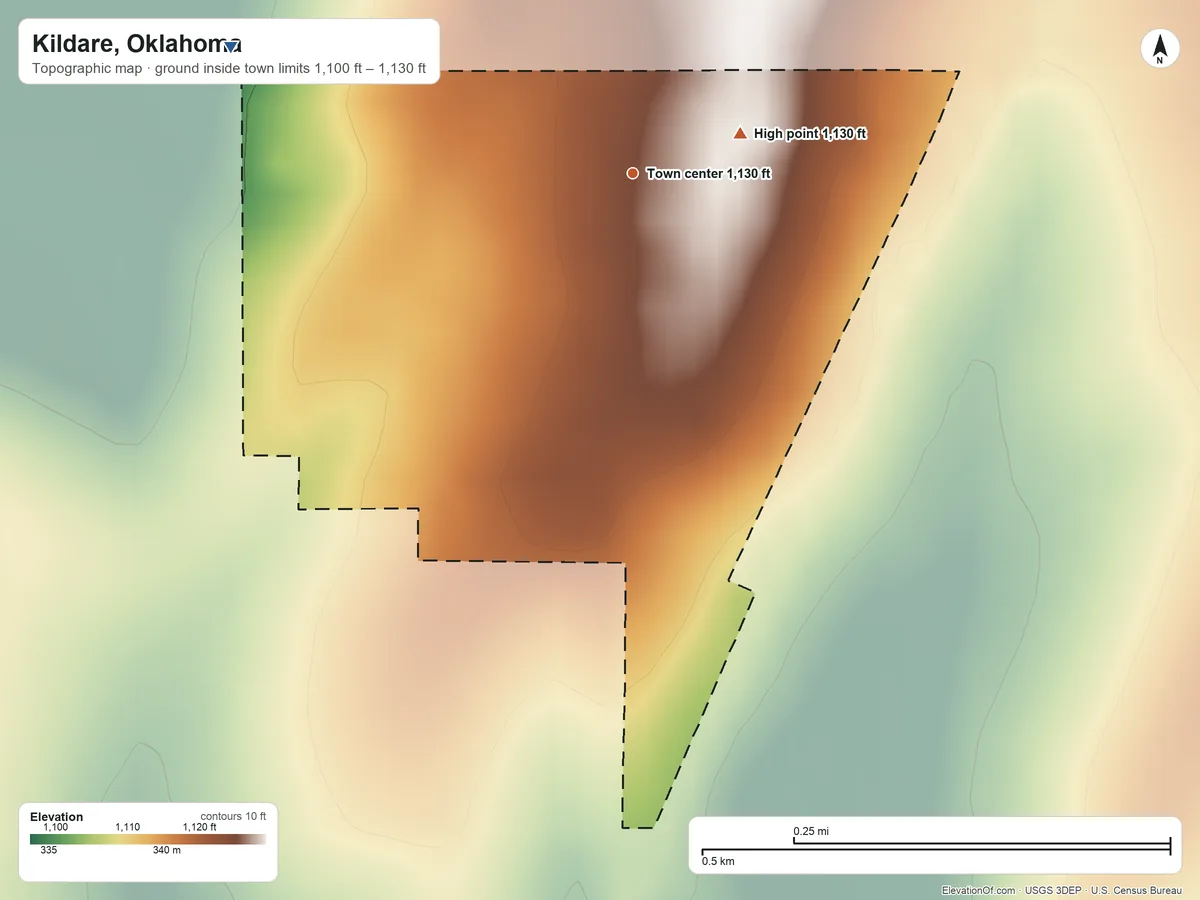 Topographic elevation map of Kildare, Oklahoma, shaded from 1,100 ft on the west side to 1,130 ft on the east side