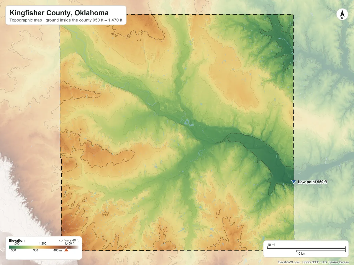 Topographic elevation map of Kingfisher County, Oklahoma, shaded from 950 ft on the southeast side to 1,470 ft on the southwest side