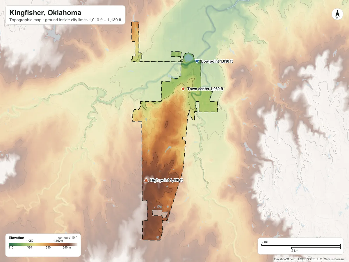 Topographic elevation map of Kingfisher, Oklahoma, shaded from 1,010 ft on the northeast side to 1,130 ft on the south side