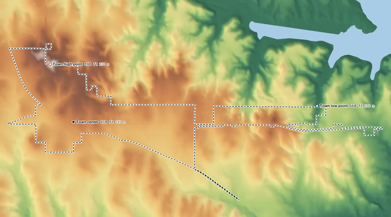 Topographic elevation map of Kingston, Oklahoma, shaded from 660 ft on the east side to 890 ft on the north side