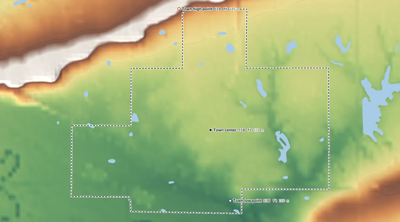 Topographic elevation map of Kinta, Oklahoma, shaded from 530 ft on the south side to 610 ft on the north side