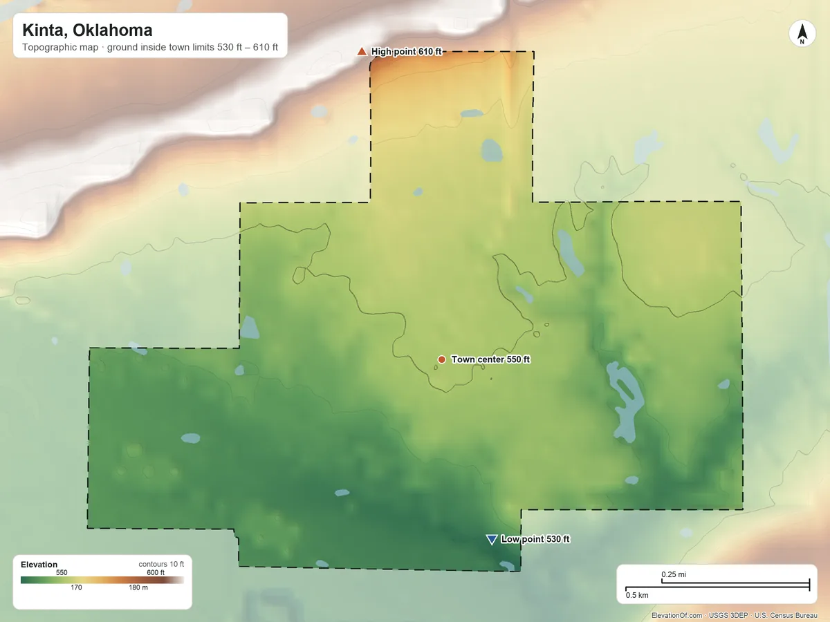 Topographic elevation map of Kinta, Oklahoma, shaded from 530 ft on the south side to 610 ft on the north side