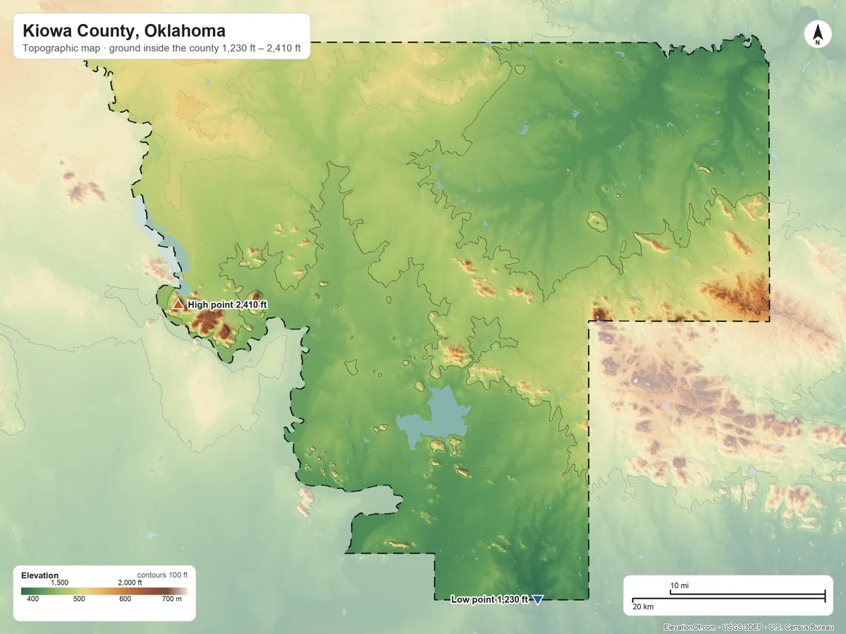 Topographic elevation map of Kiowa County, Oklahoma, shaded from 1,230 ft on the south side to 2,410 ft on King Mountain