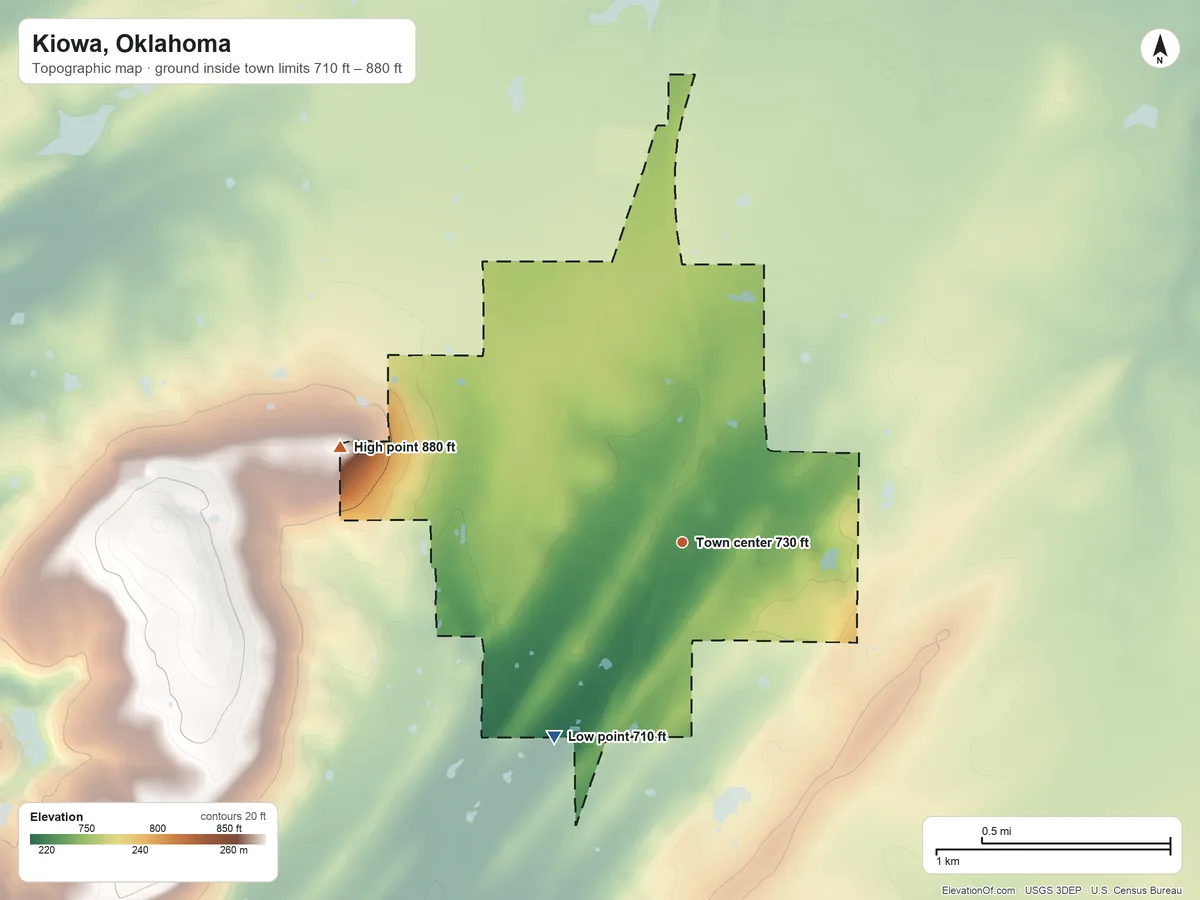 Topographic elevation map of Kiowa, Oklahoma, shaded from 710 ft on the southwest side to 880 ft on the west side