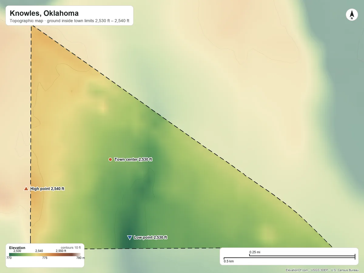 Topographic elevation map of Knowles, Oklahoma, shaded from 2,530 ft on the south side to 2,540 ft on the west side