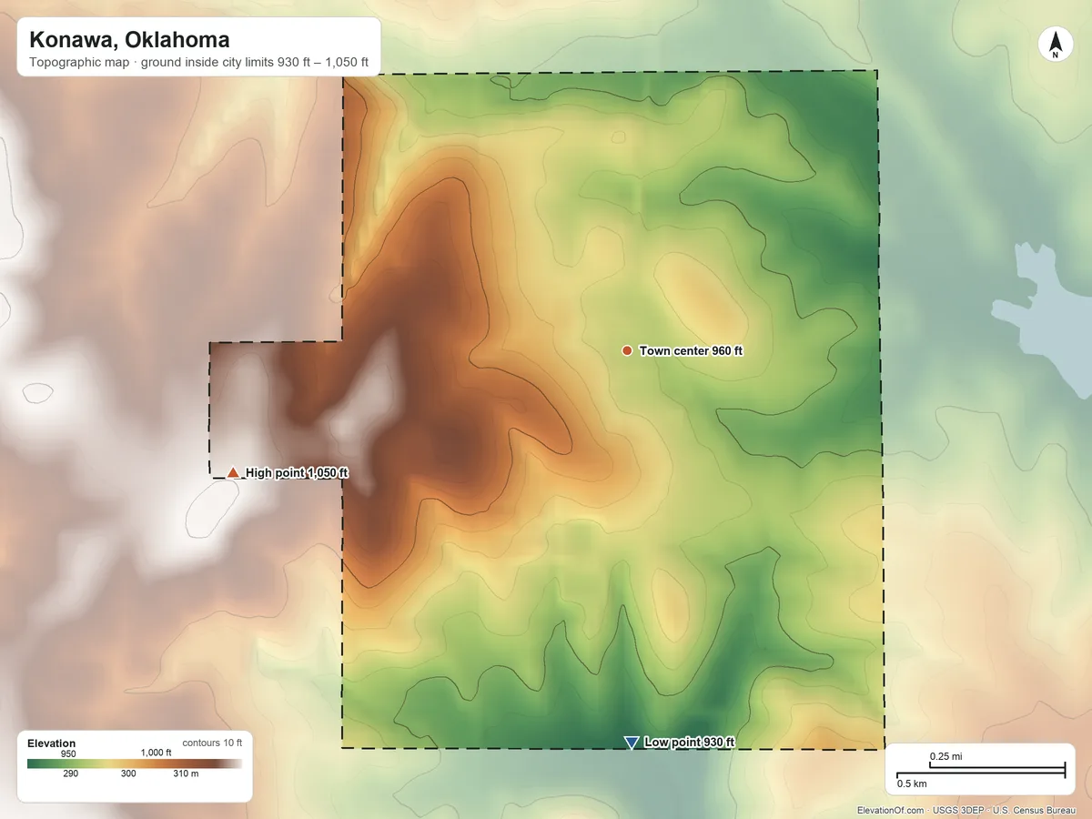 Topographic elevation map of Konawa, Oklahoma, shaded from 930 ft on the south side to 1,050 ft on the west side