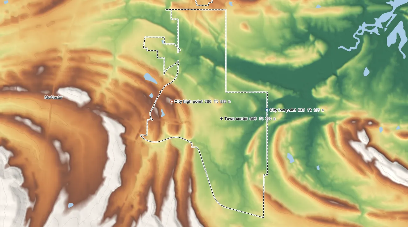 Topographic elevation map of Krebs, Oklahoma, shaded from 610 ft on the east side to 780 ft on the west side