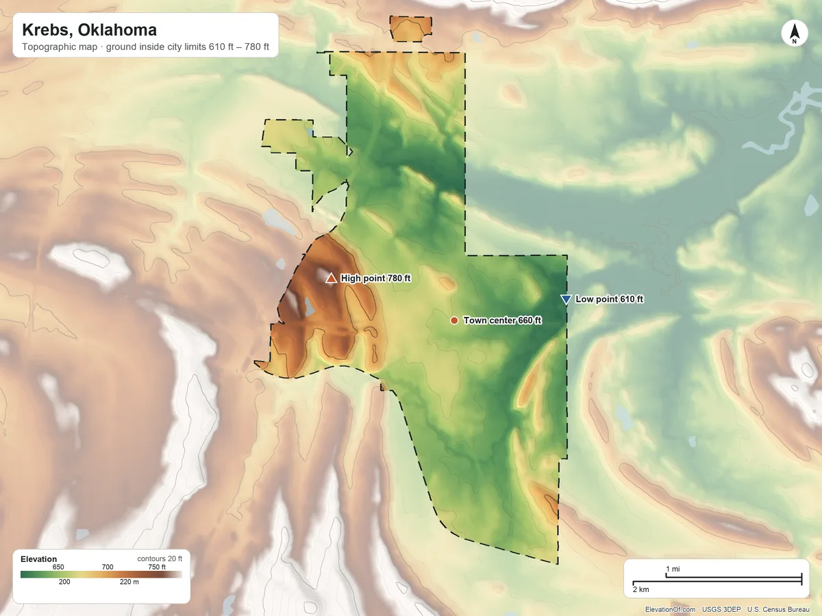 Topographic elevation map of Krebs, Oklahoma, shaded from 610 ft on the east side to 780 ft on the west side