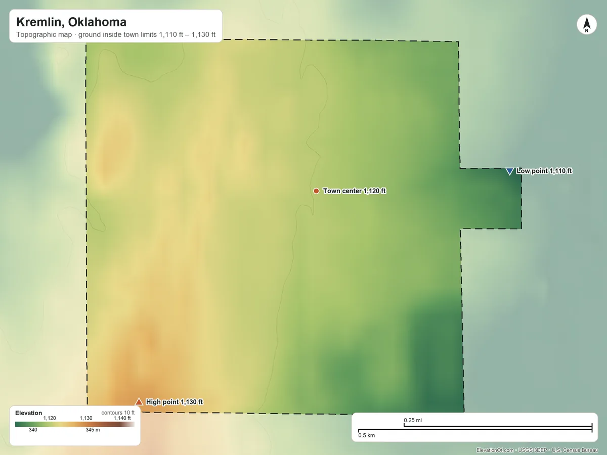Topographic elevation map of Kremlin, Oklahoma, shaded from 1,110 ft on the east side to 1,130 ft on the southwest side