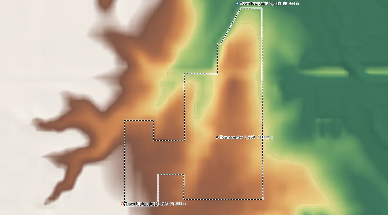 Topographic elevation map of Lahoma, Oklahoma, shaded from 1,230 ft on the north side to 1,260 ft on the southwest side