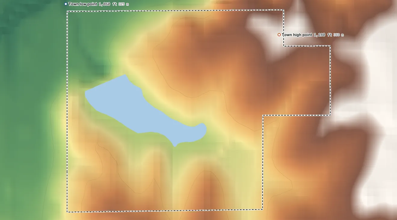 Topographic elevation map of Lake Aluma, Oklahoma, shaded from 1,060 ft on the northwest side to 1,180 ft on the northeast side