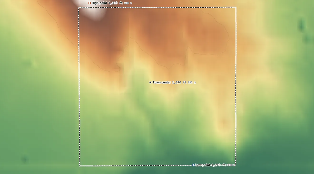 Topographic elevation map of Lake Ellsworth Addition, Oklahoma, shaded from 1,240 ft on the southeast side to 1,310 ft on the northwest side