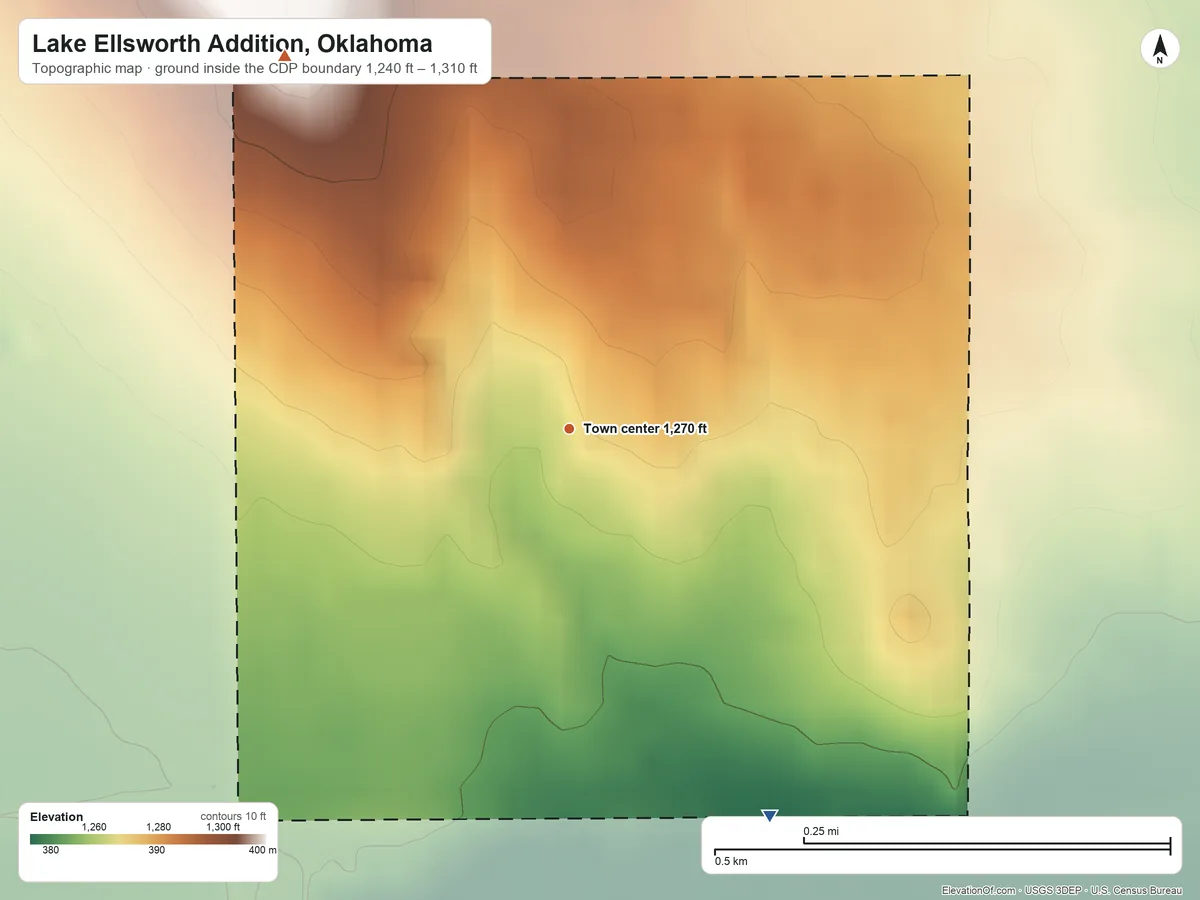 Topographic elevation map of Lake Ellsworth Addition, Oklahoma, shaded from 1,240 ft on the southeast side to 1,310 ft on the northwest side