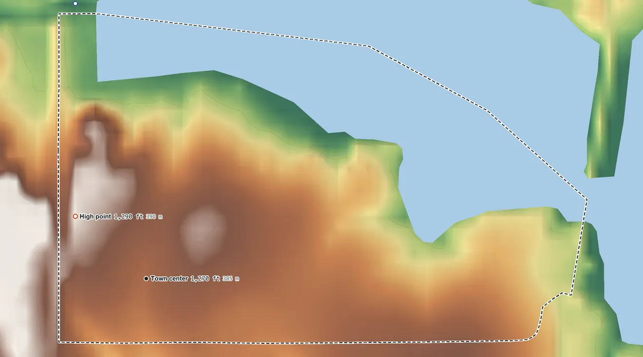 Topographic elevation map of Lakeside Village, Oklahoma, shaded from 1,220 ft on the north side to 1,290 ft on the northwest side