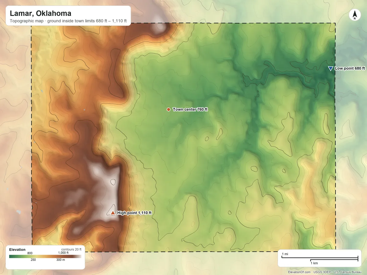 Topographic elevation map of Lamar, Oklahoma, shaded from 680 ft on the east side to 1,110 ft on Lamar Mountain