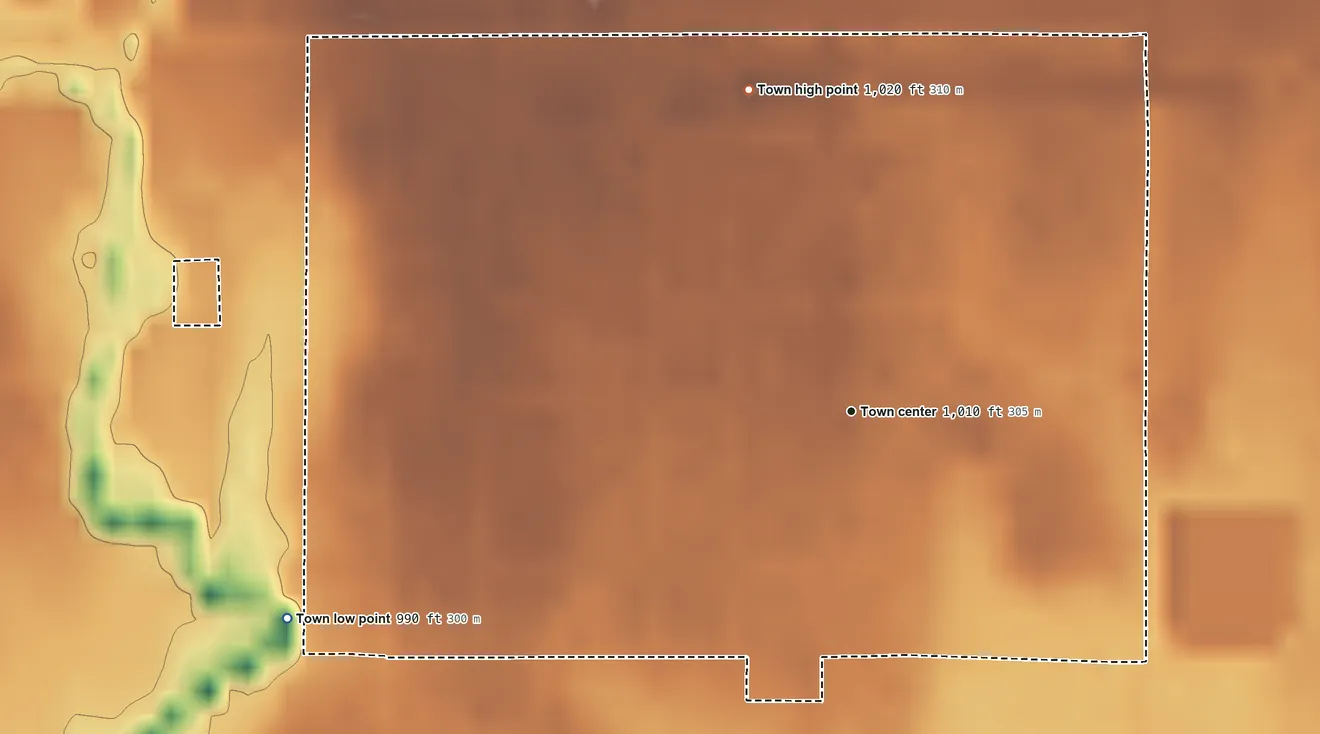 Topographic elevation map of Lamont, Oklahoma, shaded from 990 ft on the west side to 1,020 ft on the north side