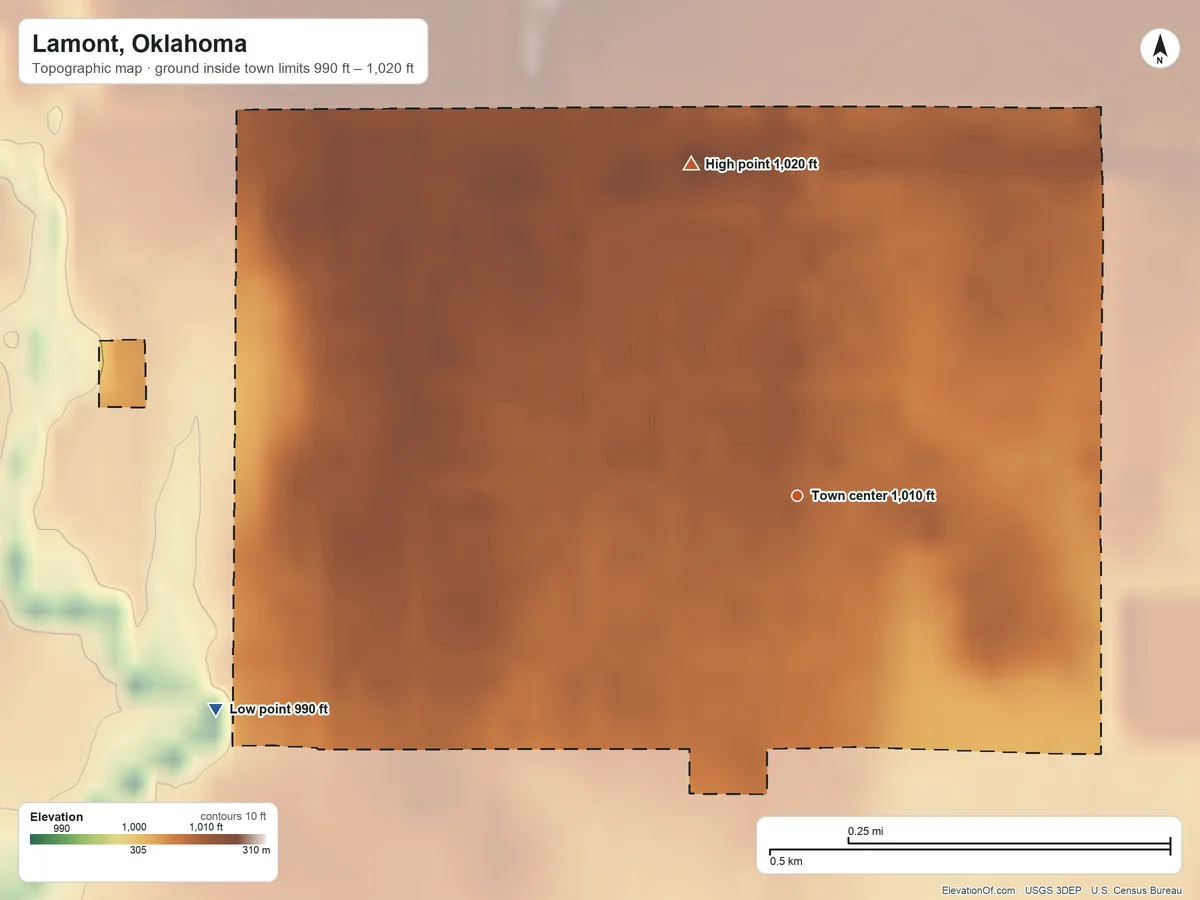 Topographic elevation map of Lamont, Oklahoma, shaded from 990 ft on the west side to 1,020 ft on the north side