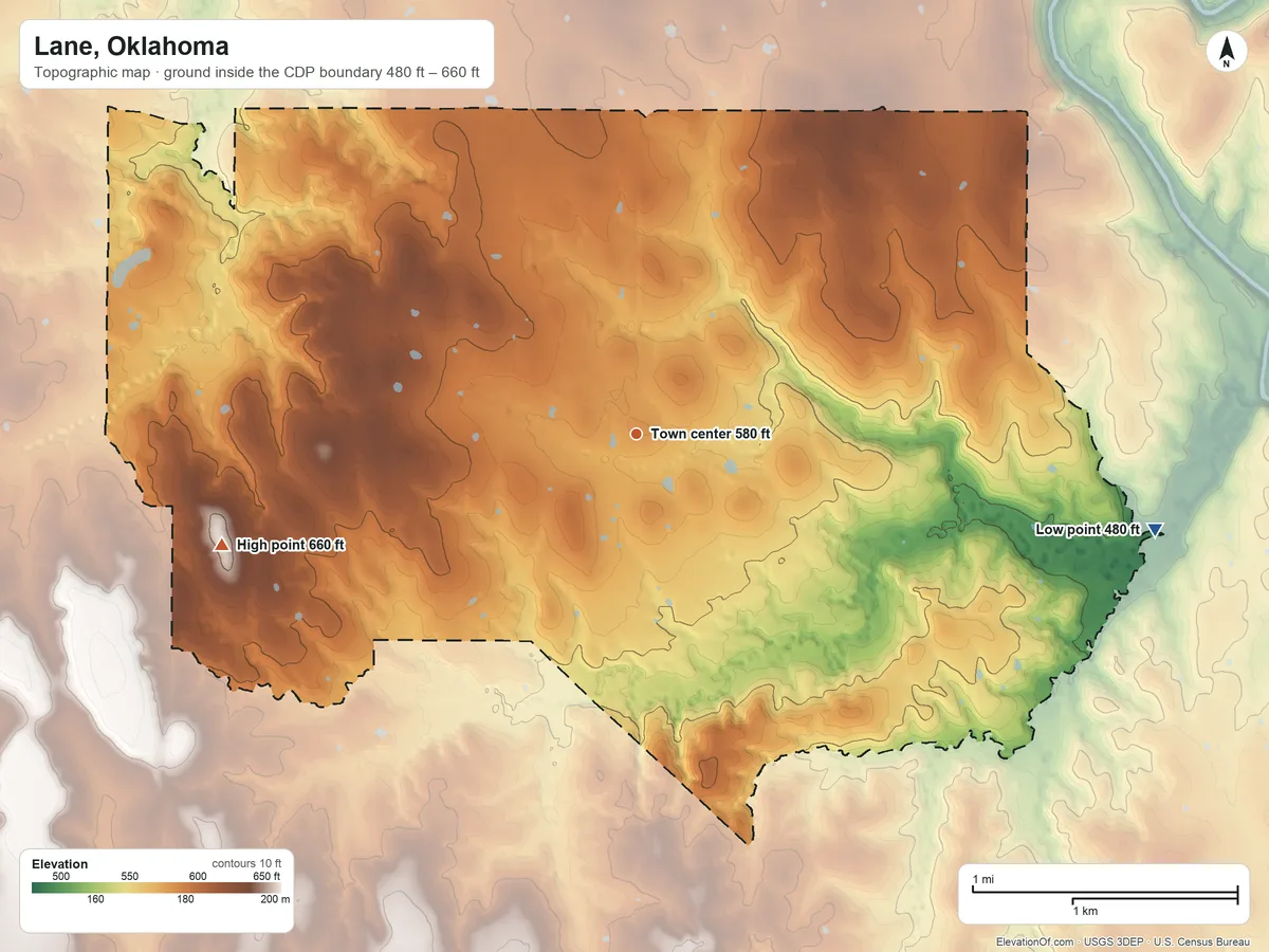 Topographic elevation map of Lane, Oklahoma, shaded from 480 ft on the east side to 660 ft on the west side