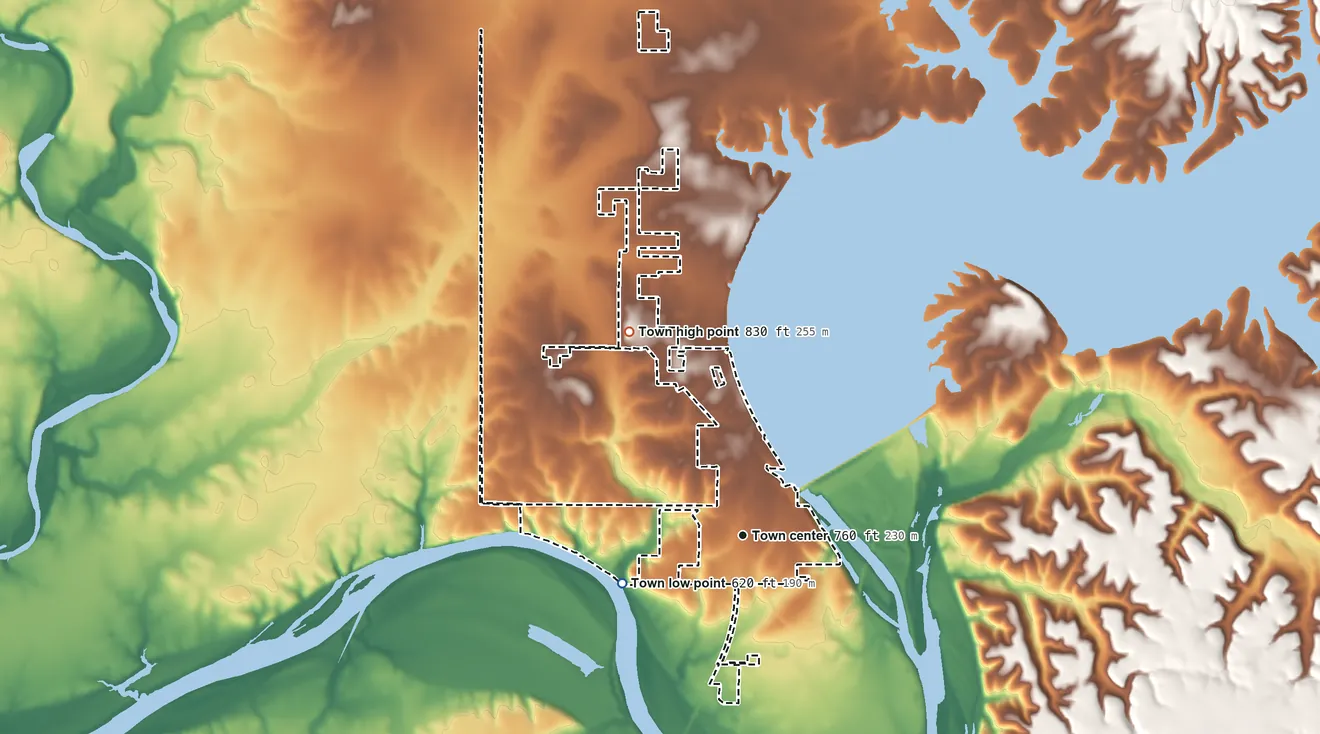 Topographic elevation map of Langley, Oklahoma, shaded from 620 ft on the west side to 830 ft on the northwest side