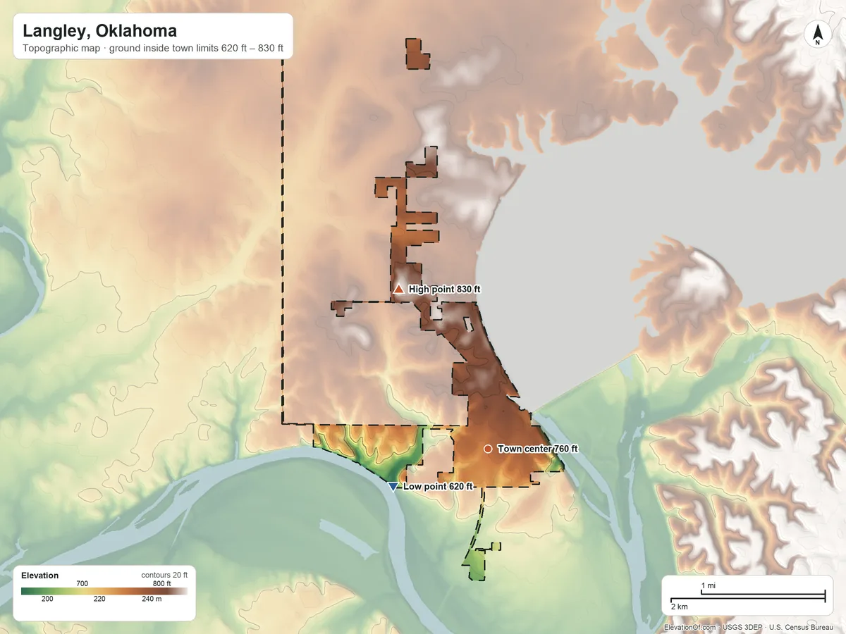 Topographic elevation map of Langley, Oklahoma, shaded from 620 ft on the west side to 830 ft on the northwest side