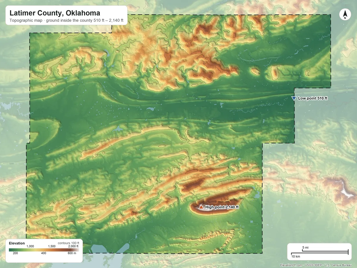 Topographic elevation map of Latimer County, Oklahoma, shaded from 510 ft on the east side to 2,140 ft on Buffalo Mountain