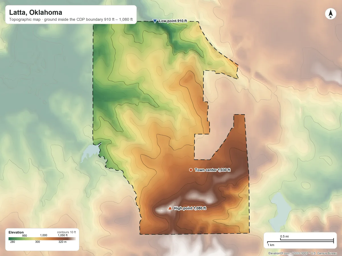 Topographic elevation map of Latta, Oklahoma, shaded from 910 ft on the north side to 1,080 ft on the southwest side