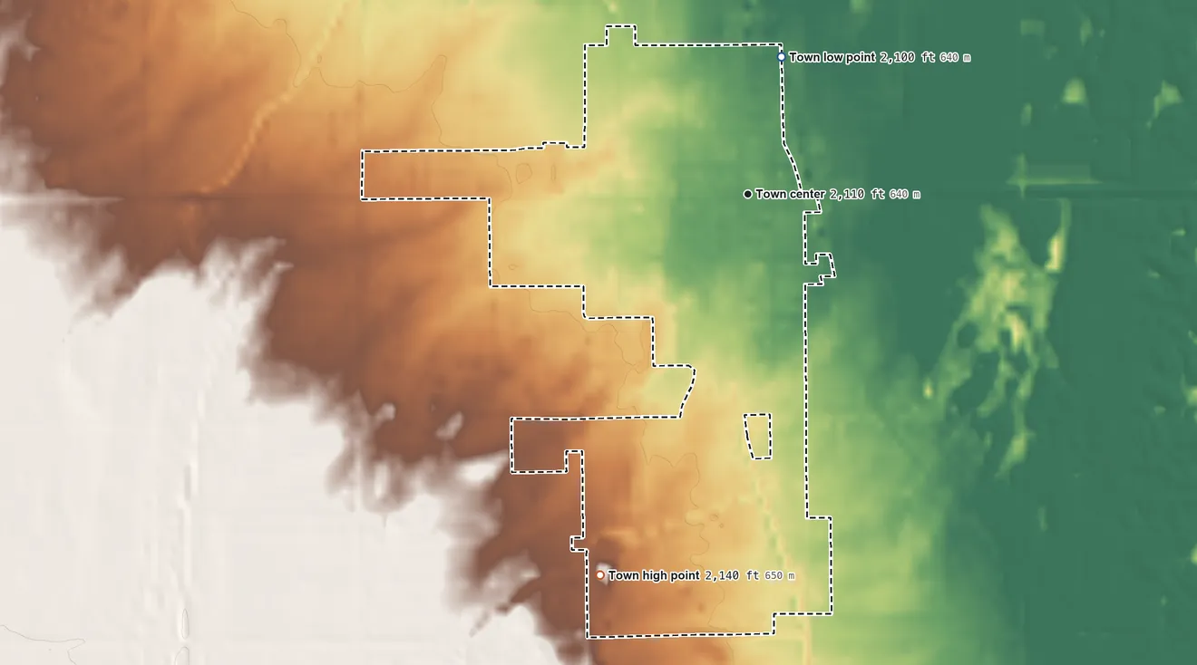 Topographic elevation map of Laverne, Oklahoma, shaded from 2,100 ft on the north side to 2,140 ft on the south side