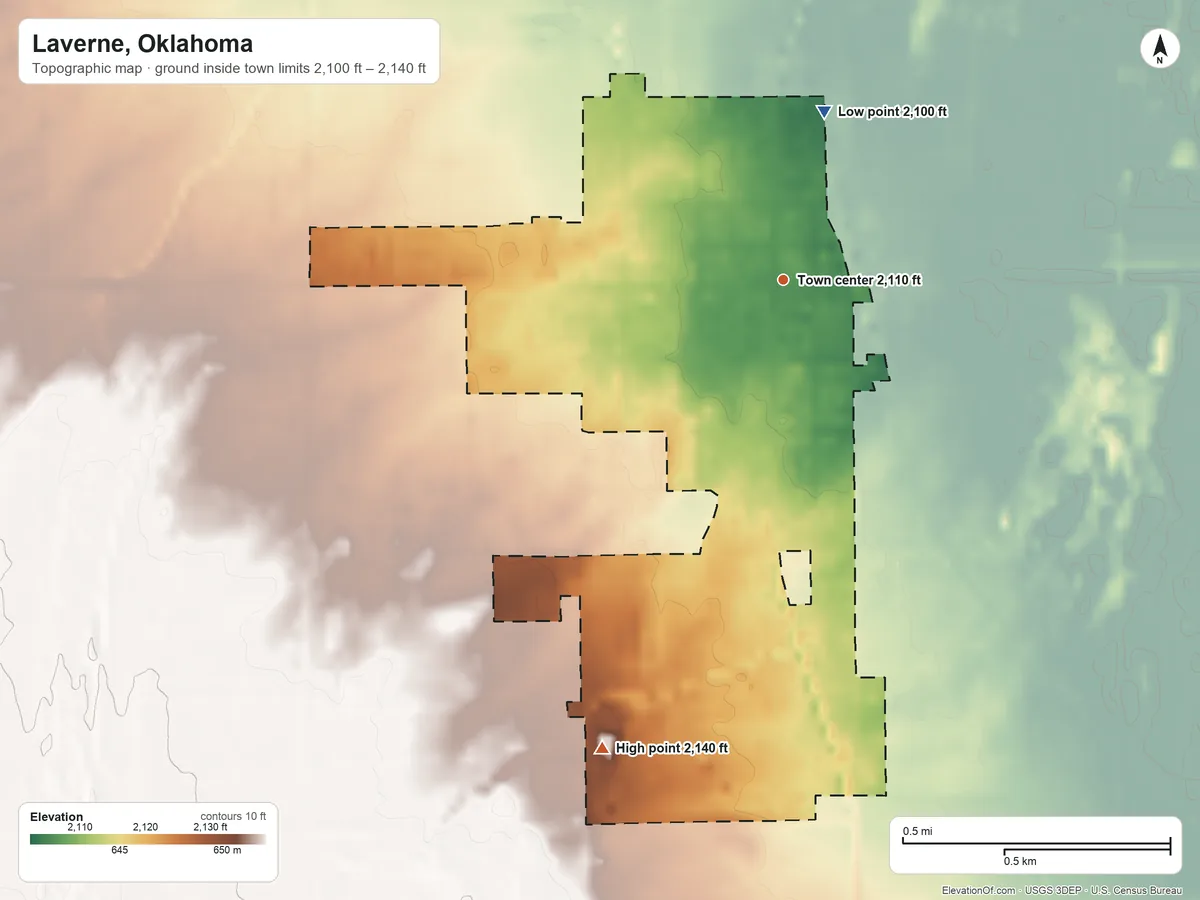 Topographic elevation map of Laverne, Oklahoma, shaded from 2,100 ft on the north side to 2,140 ft on the south side