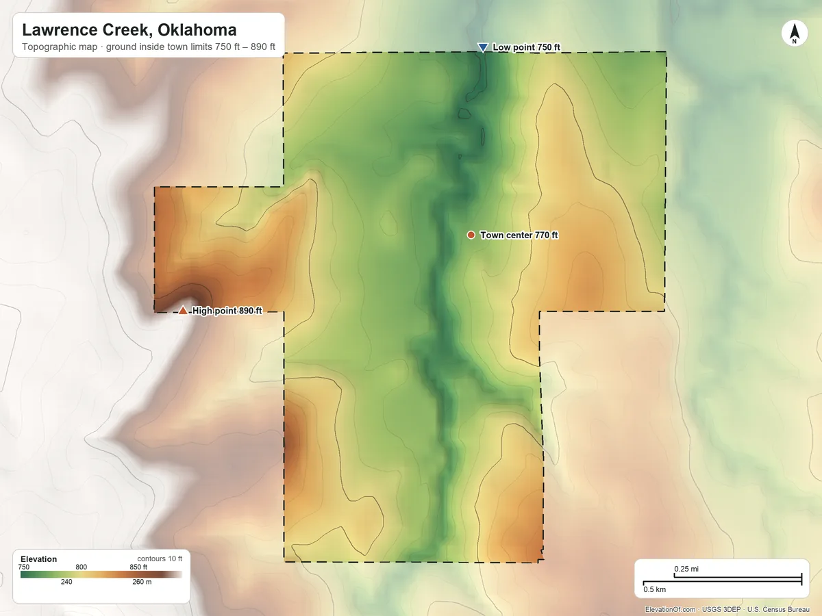Topographic elevation map of Lawrence Creek, Oklahoma, shaded from 750 ft on the north side to 890 ft on the west side