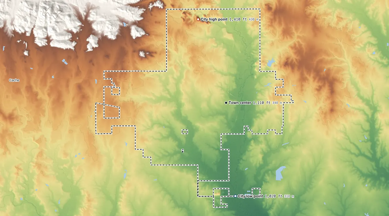 Topographic elevation map of Lawton, Oklahoma, shaded from 1,020 ft on the south side to 1,410 ft on the north side