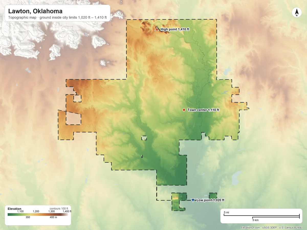 Topographic elevation map of Lawton, Oklahoma, shaded from 1,020 ft on the south side to 1,410 ft on the north side
