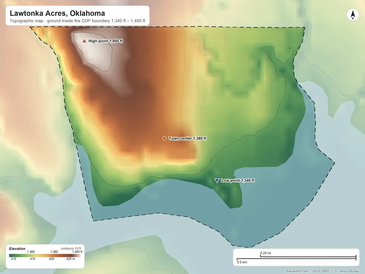 Topographic elevation map of Lawtonka Acres, Oklahoma, shaded from 1,340 ft on the southeast side to 1,400 ft at the foot of the Wichita Mountains