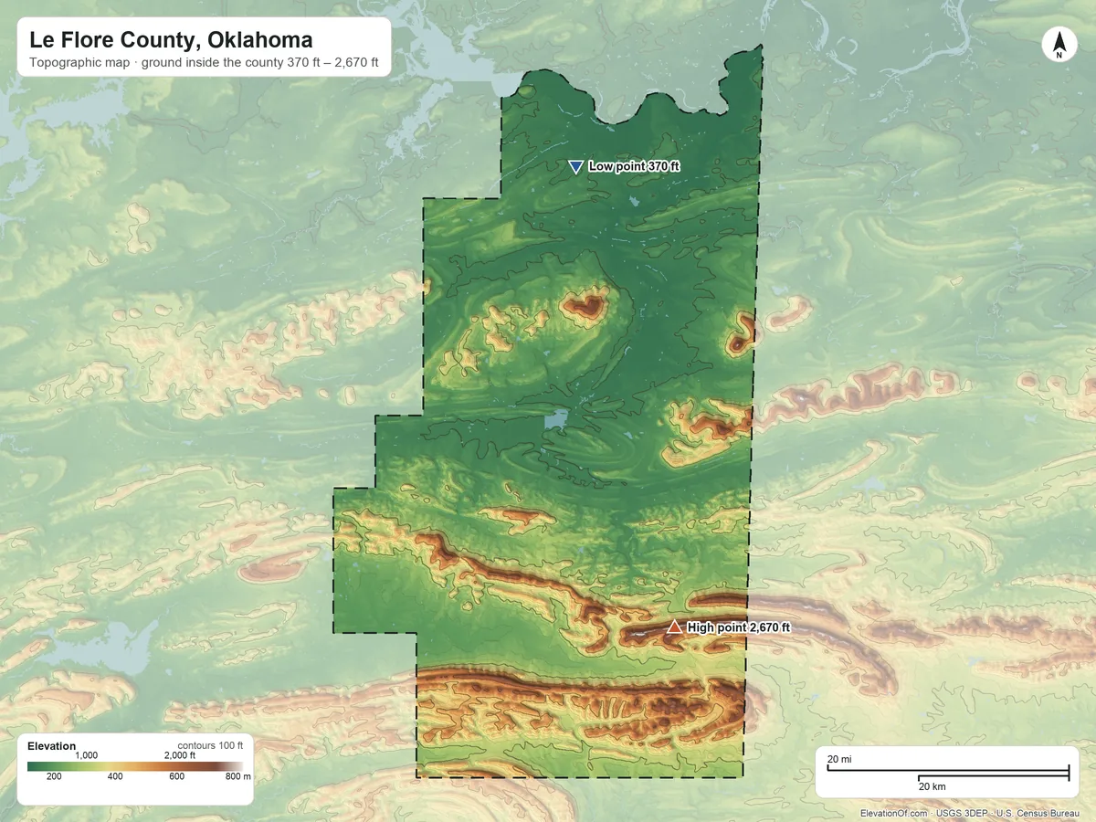 Topographic elevation map of Le Flore County, Oklahoma, shaded from 370 ft on the north side to 2,670 ft on the southeast side