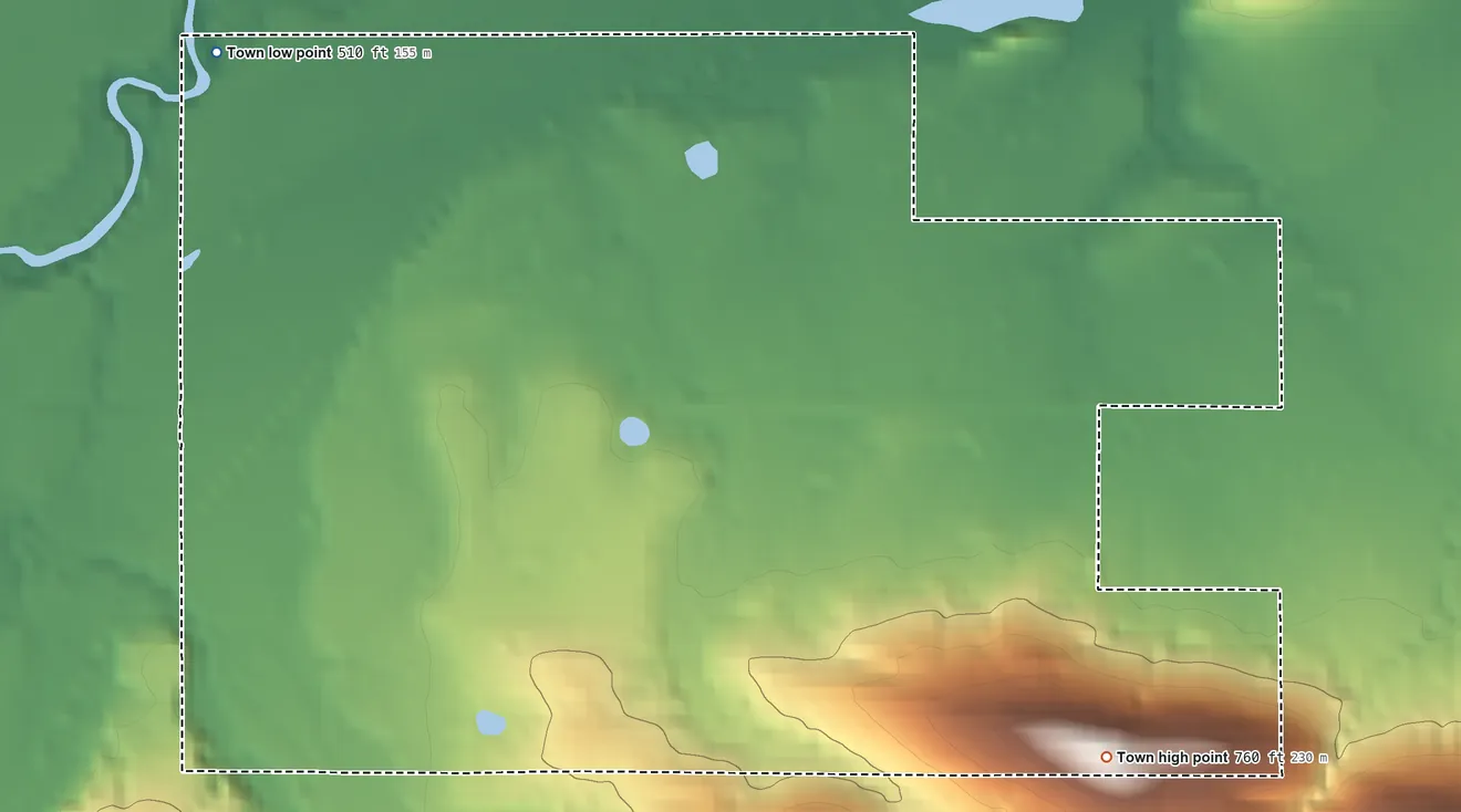 Topographic elevation map of Le Flore, Oklahoma, shaded from 510 ft on the northwest side to 760 ft on the southeast side