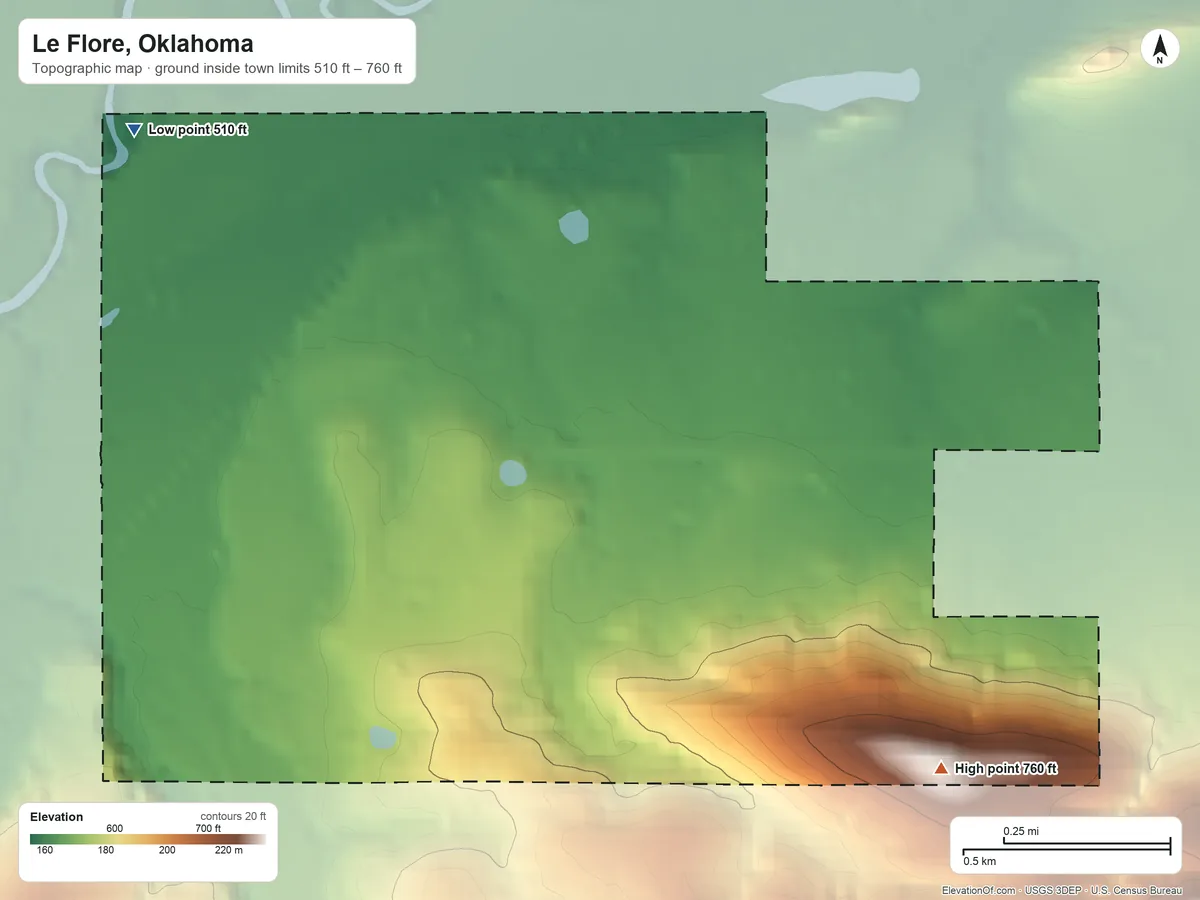 Topographic elevation map of Le Flore, Oklahoma, shaded from 510 ft on the northwest side to 760 ft on the southeast side
