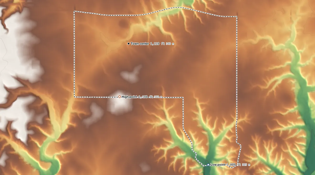 Topographic elevation map of Leach, Oklahoma, shaded from 1,000 ft on the southeast side to 1,180 ft on the south side