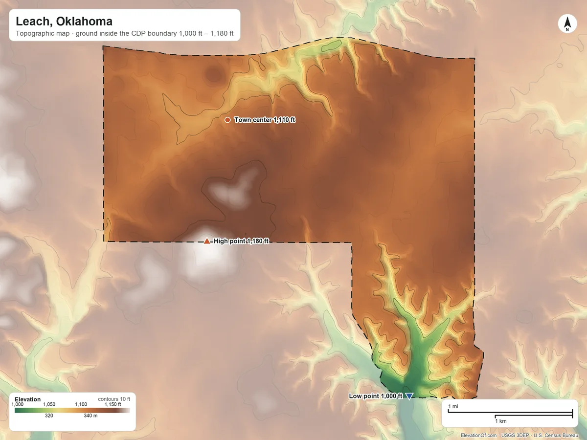 Topographic elevation map of Leach, Oklahoma, shaded from 1,000 ft on the southeast side to 1,180 ft on the south side