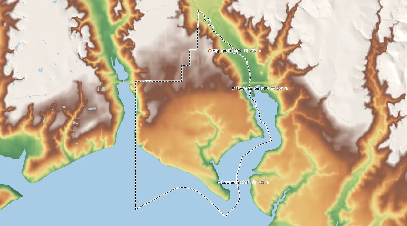 Topographic elevation map of Lebanon, Oklahoma, shaded from 610 ft on the south side to 690 ft on the northwest side