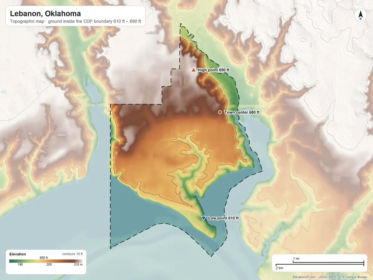 Topographic elevation map of Lebanon, Oklahoma, shaded from 610 ft on the south side to 690 ft on the northwest side