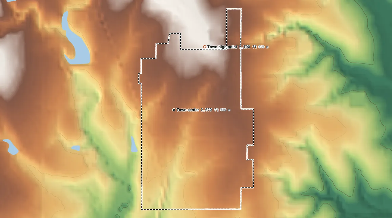 Topographic elevation map of Leedey, Oklahoma, shaded from 1,990 ft on the south side to 2,100 ft on the northeast side