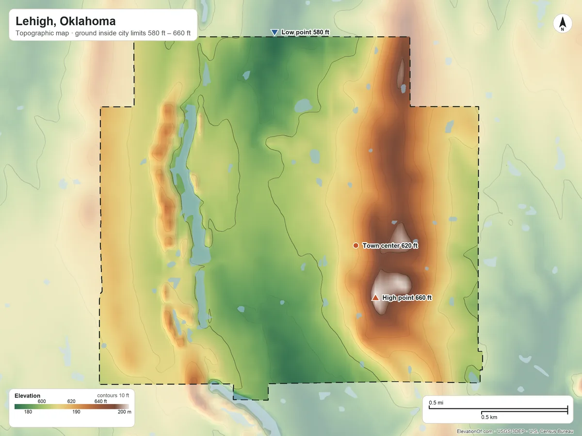 Topographic elevation map of Lehigh, Oklahoma, shaded from 580 ft on the north side to 660 ft on the south side