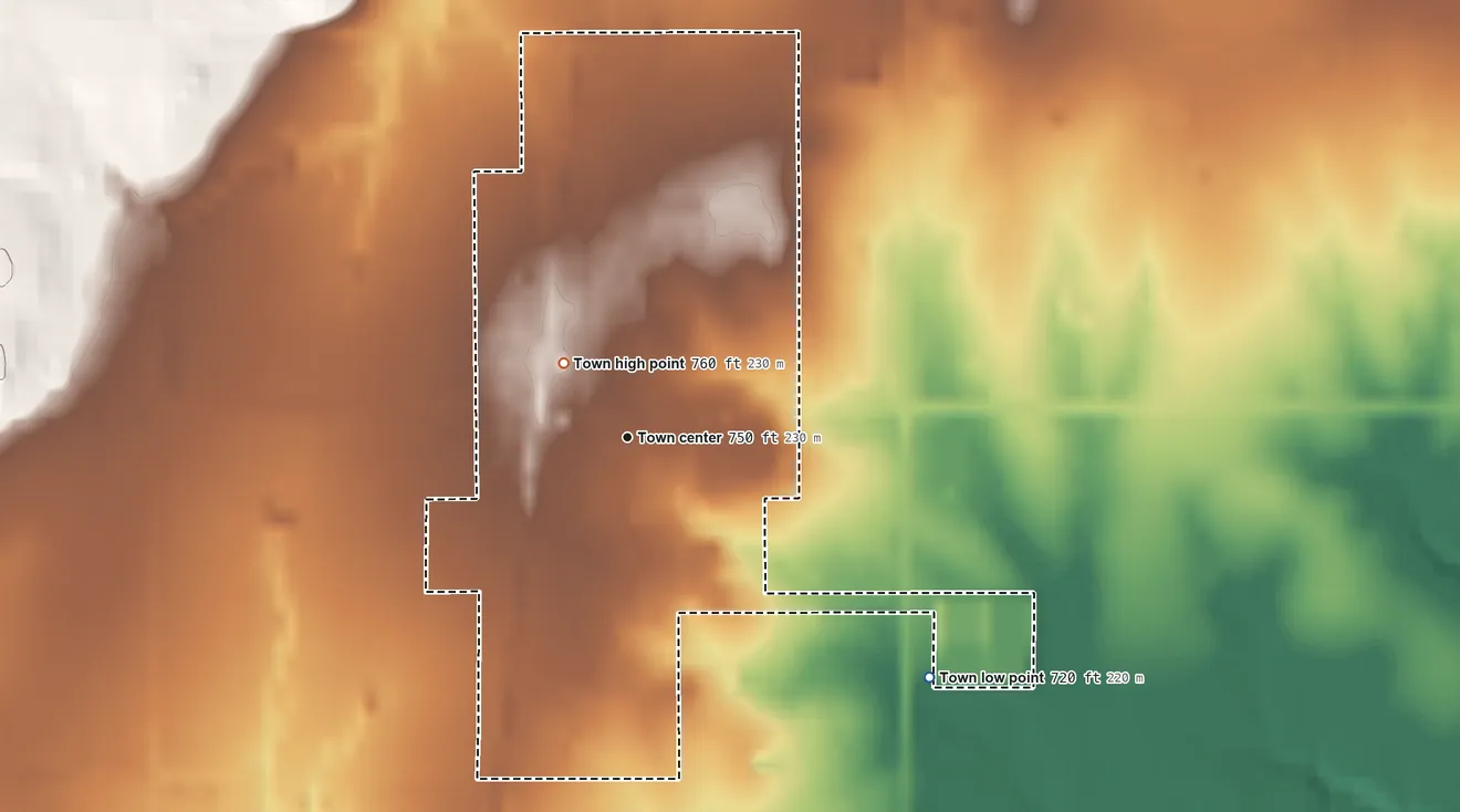 Topographic elevation map of Lenapah, Oklahoma, shaded from 720 ft on the southeast side to 760 ft on the northwest side
